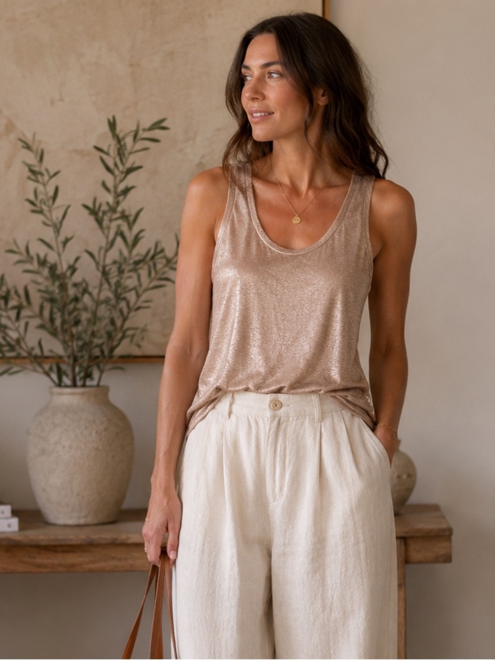 J.Crew 100% Linen Metallic Shimmer Tank Top | Champagne Gold | Medium